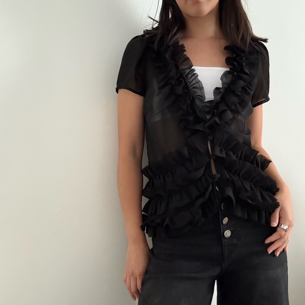 VintageRomeo & Juliet Couture Sheer Black Ruffled Blouse